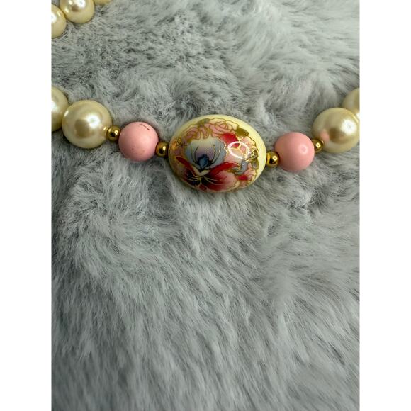 Vintage Japan Porcelain Floral Bead Faux Pearl Necklace 27" Hand Painted - Picture 6 of 7